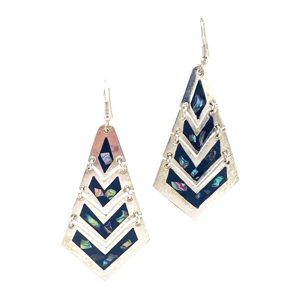 Vintage Mexican Geometric Silver Abalone Articulated Kite Shaped Drop Earrings